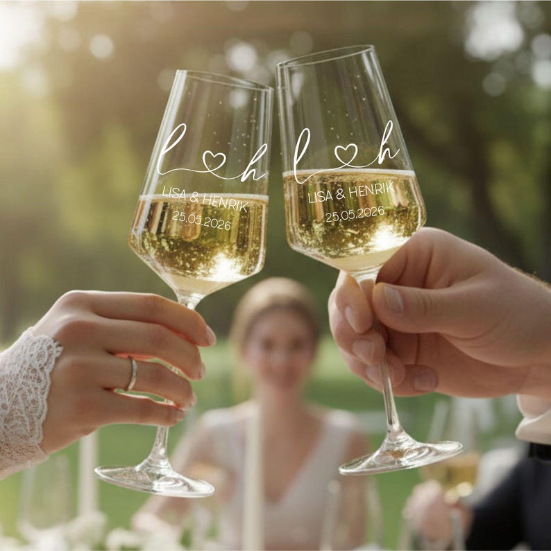 May include: Two clear glass champagne flutes filled with sparkling liquid. Each glass features white etched text reading L and H connected by a heart, with the names LISA & HENRIK and the date 25.05.2026 printed below the initials.