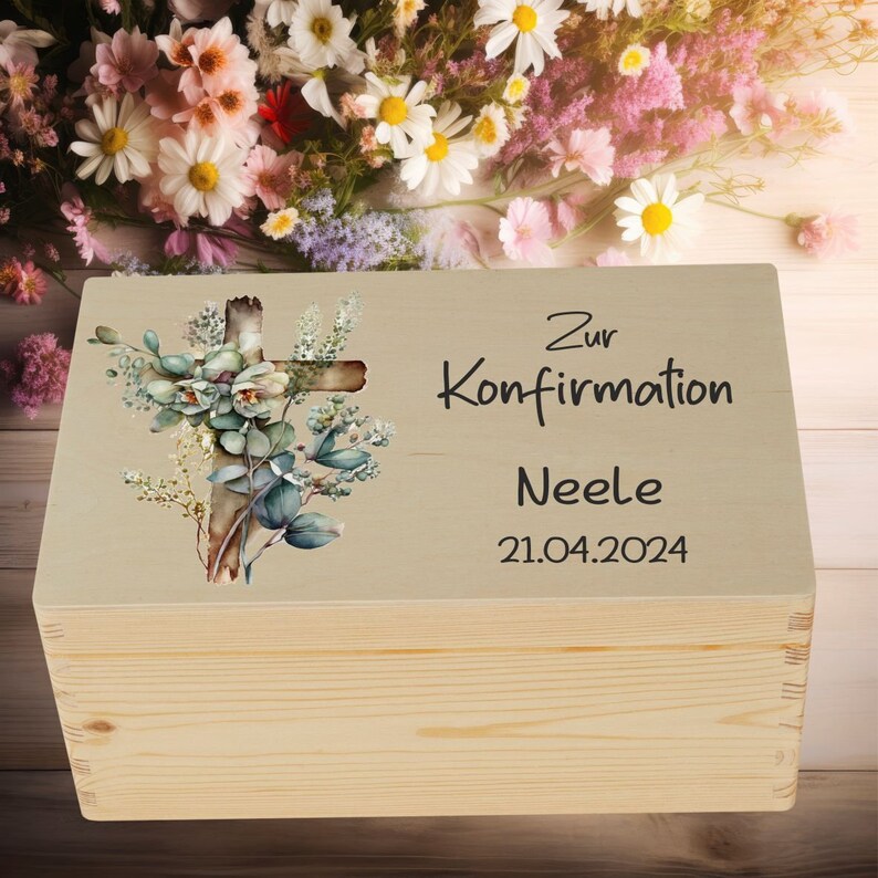 Erinnerungskiste Konfirmation Erinnerungsbox mit Kreuz Blumen Personalisiert Bild 4