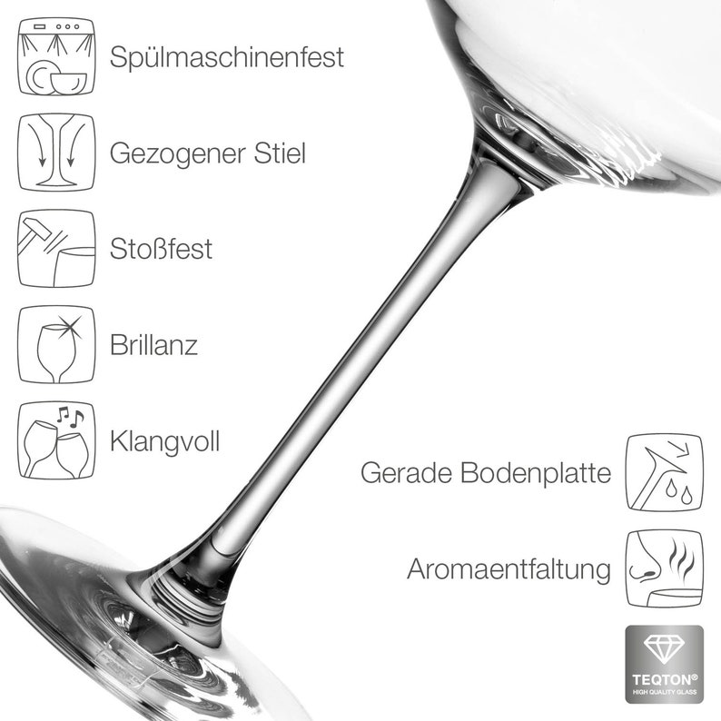 May include: A clear glass wine glass with a long stem and wide base, accompanied by seven icons and German text labels including Sp&uuml;lmaschinenfest, Gezogener Stiel, Sto&szlig;fest, Brillanz, Klangvoll, Gerade Bodenplatte, Aromaentfaltung, and a Teqton logo.