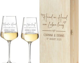 Hochzeitsgläser Weingläser Riesling zur Hochzeit Hand in Hand- optional mit Erinnerungsbox -persönliche Geschenke