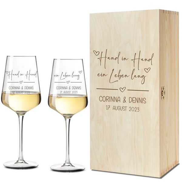 Hochzeitsgläser Weingläser Riesling zur Hochzeit Hand in Hand- optional mit Erinnerungsbox -persönliche Geschenke