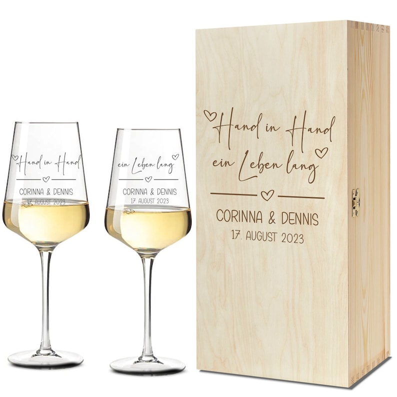 Hochzeitsgläser Weingläser Riesling zur Hochzeit Hand in Hand optional mit Erinnerungsbox persönliche Geschenke Gläser mit Holzkiste