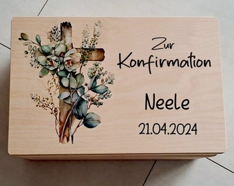 Erinnerungskiste Konfirmation Erinnerungsbox mit Kreuz Blumen Personalisiert