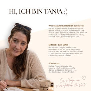 May include: A person with brown hair wearing sunglasses on their head and a beige cardigan, writing on paper. Text reads: HI, ICH BIN TANJA :), Was Manufaktur Herzlich ausmacht, Mit Liebe zum Detail, F&uuml;r dich da, Deine Tanja von Manufaktur Herzlich.