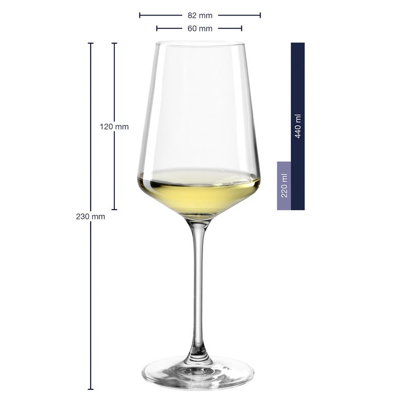 May include: A clear glass wine glass filled with pale yellow liquid. Technical specifications indicate a total height of 230 mm, a bowl height of 120 mm, a top diameter of 60 mm, a maximum diameter of 82 mm, a total capacity of 440 ml, and a fill level of 220 ml.