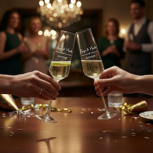 Puede incluir: Dos copas de champ&aacute;n chocan, llenas de una bebida burbujeante y una rodaja de lima. Cada copa est&aacute; grabada con los nombres "Anja & Maik" y la fecha "06.07.2023". La escena se desarrolla en una celebraci&oacute;n, con figuras borrosas en el fondo.