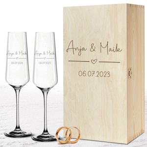 Hochzeitsgläser Sektgläser zur Hochzeit Zierherz optional mit Erinnerungsbox persönliche Geschenke Gläser mit Holzkiste