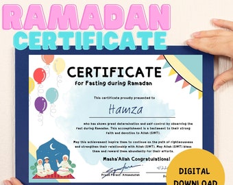 May include: A colorful Ramadan certificate with a blue border, featuring a watercolor background, balloons, and a crescent moon. The certificate is presented to Hamza for fasting during Ramadan. The text reads "Masha'Allah Congratulations!" and "Proud Parent - Alhamdulillah".