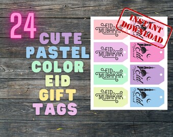 Eid gift tags Printable, 24 pastel colors cute designs, Eid Party, Eid Mubarak, Muslim Party decoration, Eid favor bag tag, Eid goodie bag