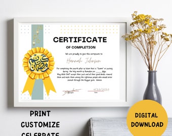 May include: A certificate of completion with a yellow ribbon and a gold medal with Arabic calligraphy. The certificate is for completing the fourth pillar of Islam, which is fasting during the holy month of Ramadan. The certificate is dated 4/22/2023 and is given to Hannah Johnson.