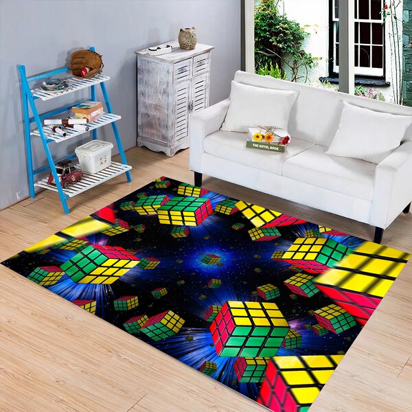 Cubo de Rubik, Alfombra de cubo colorida, Alfombra antideslizante, Versión rectangular, Alfombra de habitación para adolescentes, Efecto 3D, Alfombra de sala de estar, Alfombra de piso colorida