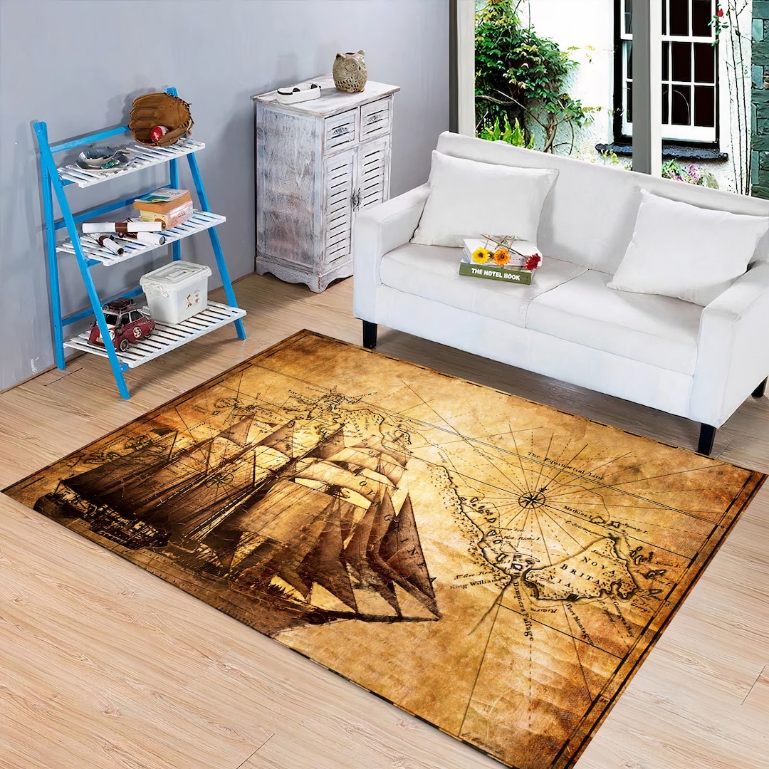 World Map & Ship Rug, Map Rugs, Area Rug, Popular Pattern Map Rug