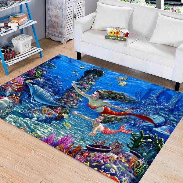 Underwater Fish And Mermaid Rug, Non Slip Rug, Teen Room Rug, For Children's Room Rug, 3D Effect Print, Living Room Rug, Colorful Room Rug