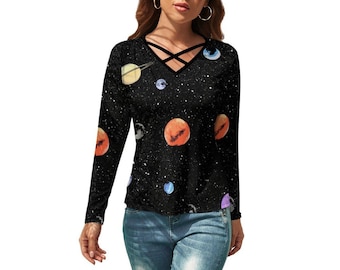 Criss Cross V-Neck Long Sleeve T-shirt NZ118 (All-Over Printing)