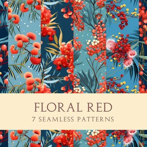 Rosso floreale / Disegni di modelli senza soluzione di continuità / Arte stampabile / Pacchetto digitale per stampe personalizzate / Carta da parati floreale / Fiori di mimosa rossi di Natale
