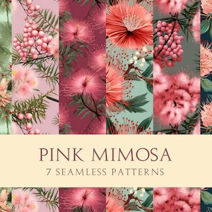 Fiori di mimosa rosa / Disegni di modelli senza soluzione di continuità / Arte stampabile / Pacchetto digitale per stampe personalizzate / Carta da parati floreale