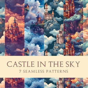 May include: Seven seamless patterns featuring whimsical castles in the sky. The castles are depicted in various styles and colours, with intricate details and floating on fluffy clouds. The patterns are perfect for adding a touch of fantasy and magic to any project.
