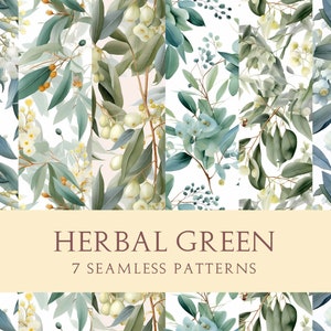 Puede incluir: Siete patrones sin costuras con ilustraciones de acuarela de hojas verdes y flores blancas. Los patrones se titulan "Herbal Green".