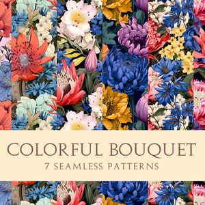 May include: A seamless pattern featuring a colorful bouquet of flowers in shades of red, blue, yellow, pink, and white. The flowers are arranged in a repeating pattern, creating a vibrant and cheerful design.