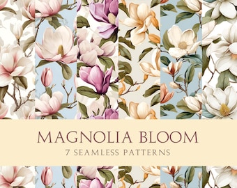 May include: Seven seamless patterns featuring magnolia flowers in various shades of pink, white, and cream. The patterns are arranged in a grid with a banner at the bottom that reads "Magnolia Bloom 7 Seamless Patterns".