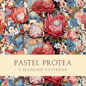 May include: A set of 7 seamless patterns featuring pastel pink, blue, and green protea flowers with a variety of other floral elements. The patterns are perfect for creating unique and stylish designs for fabrics, wallpapers, and other projects.
