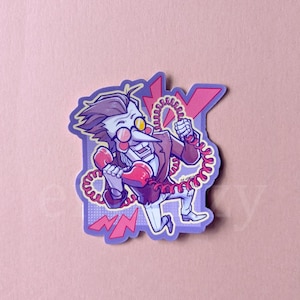 May include: A sticker featuring a cartoon character with a long nose, wearing a suit and holding a red telephone. The character is purple, white, and red, with a pink and purple background. The sticker has a jagged outline.