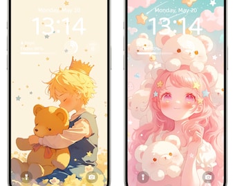Charming Boy and Girl with Bears Phone Wallpaper Set (Digital Download)