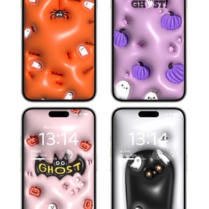 May include: Four different Halloween-themed phone wallpapers. The first wallpaper is orange with a spider and ghosts. The second wallpaper is purple with ghosts and pumpkins. The third wallpaper is pink with a ghost, a bat, and pumpkins. The fourth wallpaper is white with a black tombstone, a ghost, and stars. All wallpapers feature the time 13:14.