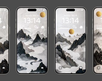 May include: Four smartphones displaying a serene landscape wallpaper. The design features a mountain range with flowing river, clouds, and a golden sun. The time 13:14 is displayed on each screen. The color palette includes black, white, gray, and gold.