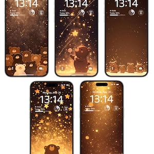 5 fondos de pantalla para teléfono con temática de osos y cielo estrellado dorado / Osos adorables bajo un cielo nocturno mágico y dorado / Descarga digital de alta resolución