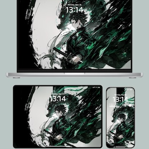 3 Device Sizes Green Ink Style Demon Slayer Wallpaper – Tanjiro (Kimetsu no Yaiba) for iPhone, iPad, and Mac | Digital Download
