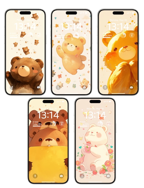 気まぐれなクマのスマホ壁紙セット – デジタルアート (PNG、JPG