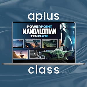 May include: A laptop computer screen displaying a PowerPoint template with the text "POWERPOINT MANDALORIAN TEMPLATE". The template features images from the Star Wars series, including the Mandalorian, Grogu, and a lightsaber.