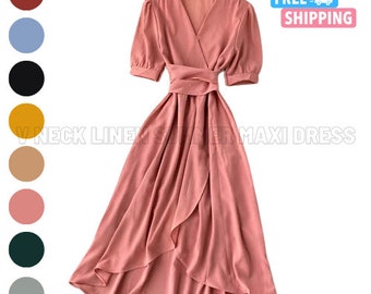 Women V Neck Wrap Dress Puff Sleeve Kimono Linen Dress with Belt Gift for Her Midi Tunic Dress Women Linen Summer Maxi Dress