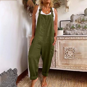 Women Linen Rompers Vintage Style Linen Jumpsuit Casual Vintage Solid Color Larg Size Sleeveless Loose Summer Jumpsuit Cotton Straps Baggy