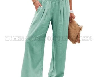 Pantalon large pour femme, coton d'été, pantalon floral tropical Palazzo, pantalon évasé décontracté taille haute avec poche, pantalon grande taille personnalisé