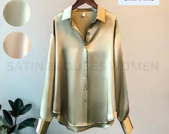 Satin Silk Formal Button Down Shirt Work Dress Satin Blouses Women Silky Tops with Long Sleeve for Casual Work Office Silky V Neck Satin Top