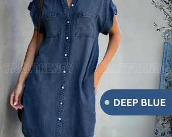 Women Denim Blue Loose A Line Short-Sleeves Summer Mini Dresses, Knee Length Shirt Dress, Collared Dress for Work Button Up- "ALHARAM"