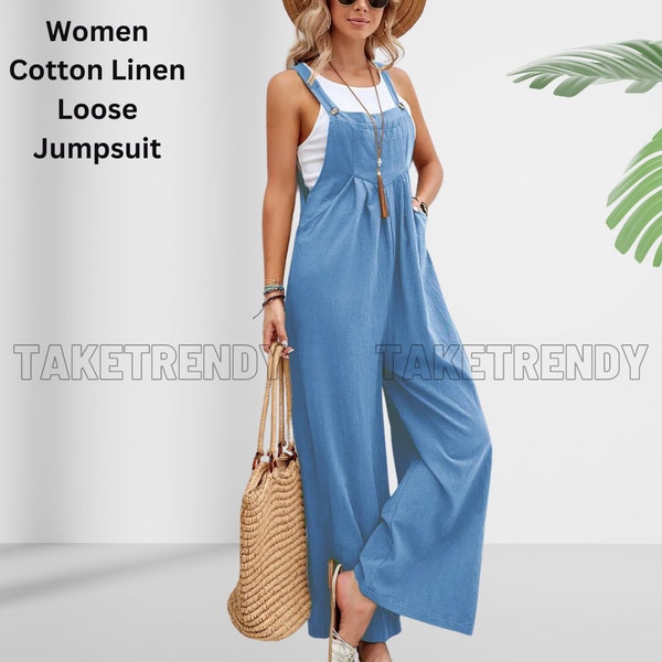 Women Cotton Adjustable Strap Romper Casual Solid Color Wide Leg Linen Pants Loose Jumpsuit for Her Fashion Holiday Beach Bib Overalls