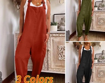 Vrouwen linnen rompertjes Vintage stijl linnen jumpsuit Casual Vintage effen kleur Groot formaat mouwloos losse zomer jumpsuit Katoenen bandjes Baggy