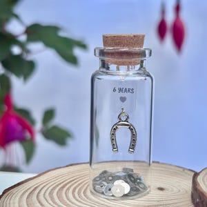 Geschenk zum 6. Jahrestag, Hufeisenanhänger aus Eisen und personalisierte Nachricht in einer Flasche, fügen Sie einen Geschenkhinweis hinzu