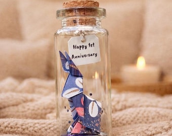 Regalo de primer aniversario para tu esposo: recuerdo de aniversario personalizado en papel: mensaje de conejo de origami en una botella