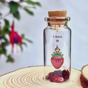 4th Anniversary Gift, Fruit Anniversary Strawberry Charm and Personalised Message in a Bottle, Add a Gift Note