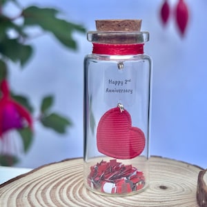 Cadeau du 2e anniversaire, coeur d'anniversaire en coton et message personnalisé dans une bouteille, ajoutez une note cadeau en origami