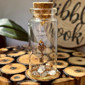 Regalo para octavo aniversario, aniversario de bronce o San Valentín: dije de llave de mi corazón, mensaje personalizado en botella, nota de regalo de origami.