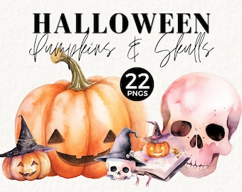 Niedliche Halloween Clipart kommerzielle Nutzung, Jack O Lantern, Schädel PNG, Halloween Clip Art, gruselige Halloween-Grafiken, Kürbisse, Zauberbuch, 029SS