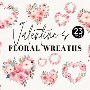 Clipart de grinalda de rosa rosa, buquê em forma de coração, aquarela PNG, borda de moldura floral de dia dos namorados, papelaria de casamento, uso comercial, 060SS