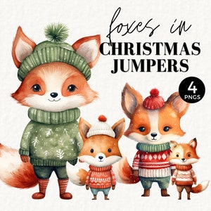 Animal de la forêt de Noël, renard, pull de Noël moche, aquarelle hiver vacances PNG, clipart Noël drôle, PNG mignon, usage Commercial, 044SS
