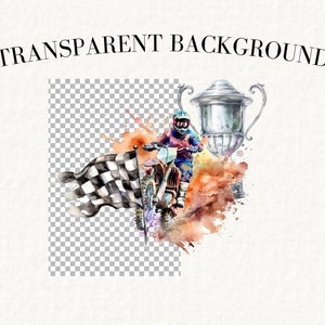 May include: A watercolor illustration of a motocross rider racing towards a checkered flag, with a silver trophy and splashes of color in the background.  The text "TRANSPARENT BACKGROUND" is at the top of the image.