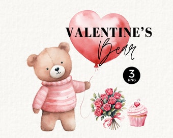 Cute Valentine's Teddy Bear with Pink Heart Balloon, Roses, Transparent PNG, Commercial Use, Bear in Sweater, Cupcake, Sweet, 060SS